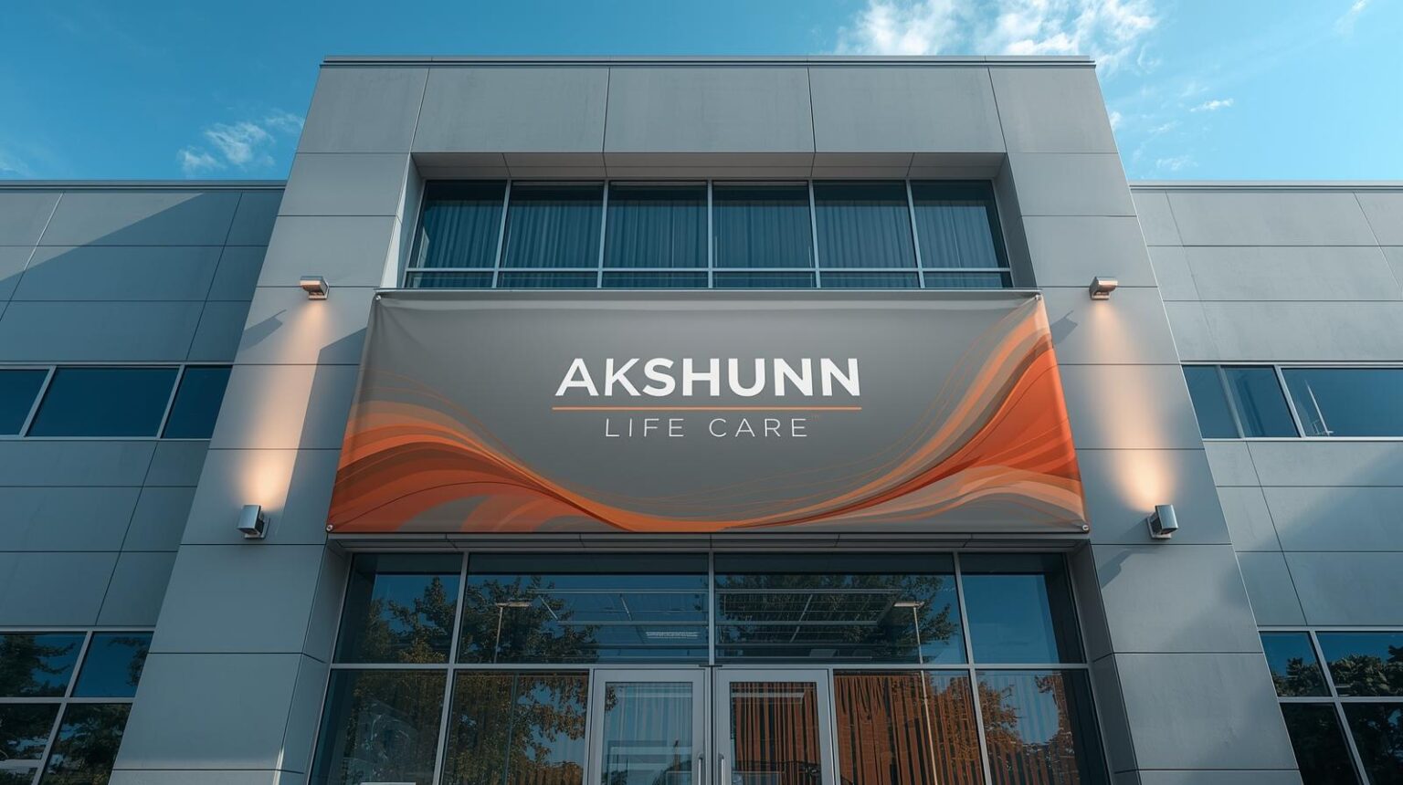 create an image of factory from front side of akshunn life care with premium quality banner on front